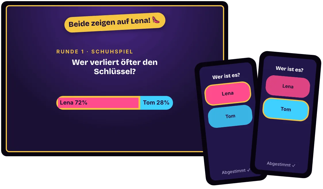 WeddingDuel auf der Leinwand und zwei Handys von Gästen: Der Saal stimmt ab, wer öfter den Schlüssel verliert