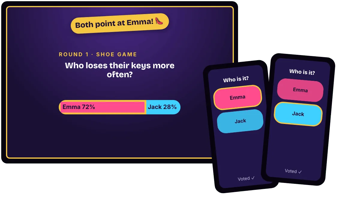 WeddingDuel on the big screen and two guests' phones: the room votes on "Who loses their keys more often?"